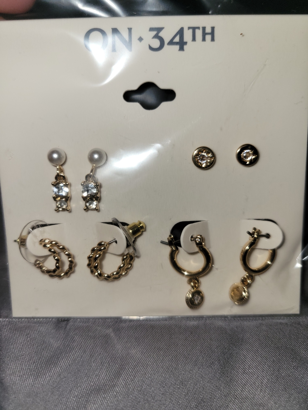 NWT On 34th Women’s Gold & Crystal Earring Set - Mixed Styles, 4 Pairs